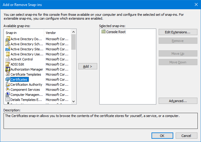 Add/Remove Snap-in Dialog